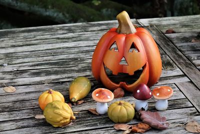 View of pumpkins on wood during autumn