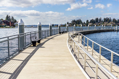 A detailed view of the pier at neydenbauer bay park in bellevue, washington.