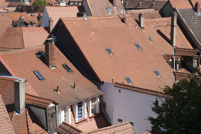 High angle view of houses in town