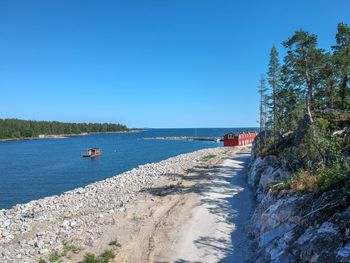 Scenic view of sea against clear blue sky