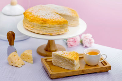 Close-up of cheesecake on table