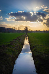 Canal amidst field against sky during sunset