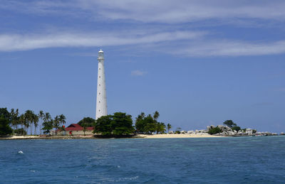 Lighthouse by building against sky