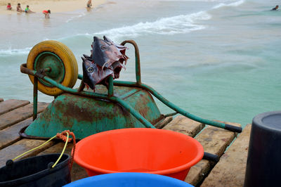 High angle view of rusty ship in sea