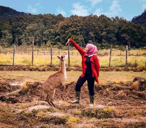 Full length of woman feeding deer while standing on field against trees
