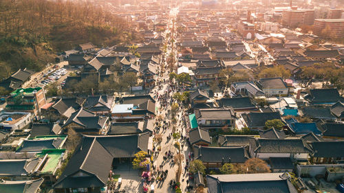 High angle view of houses in town