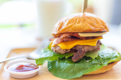 Close-up of burger on table