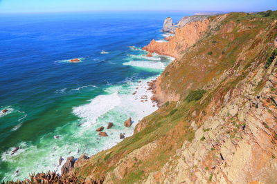 High angle view of sea shore against sky