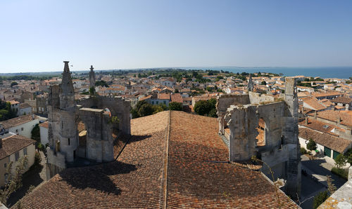 Aerial view of cityscape against clear blue sky