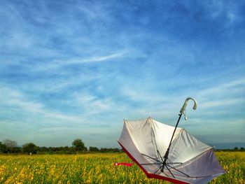 Tent on field against sky