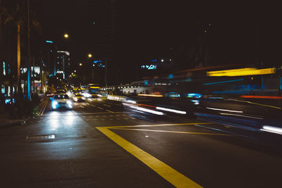 Light trails on road at night