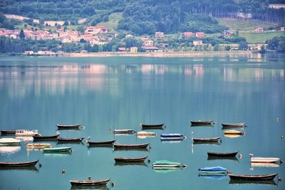 High angle view of boats moored in lake