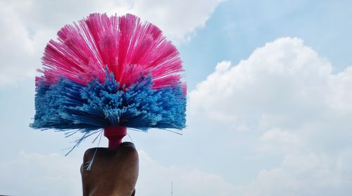 Close-up of hand holding cleaning brush against sky