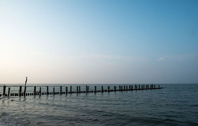 Wooden posts in sea against sky