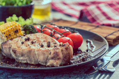 Close-up of breakfast served on table