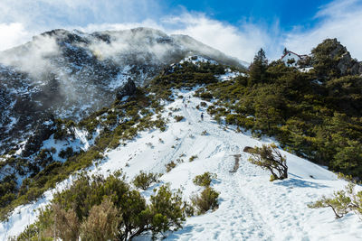 Scenic view of snow covered mountains against sky