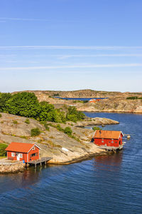 View of an archipelago idyll with red cottages