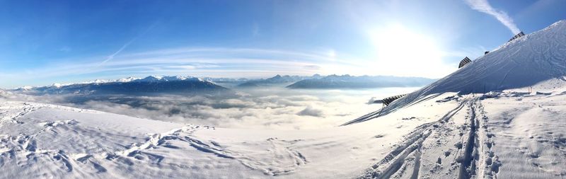 Panoramic view of snowcapped mountains against sky