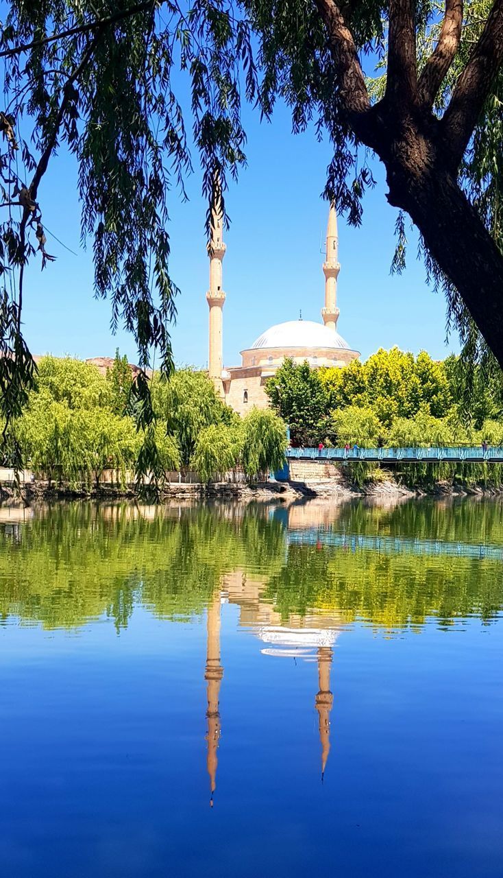 REFLECTION OF TREES IN LAKE AGAINST SKY