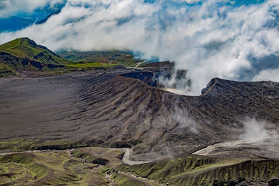 Panoramic view of volcanic landscape against sky