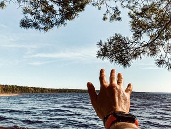 Man hand by sea against sky