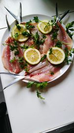 High angle view of salad in plate on table