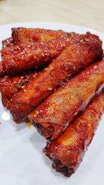 High angle view of meat in plate on table