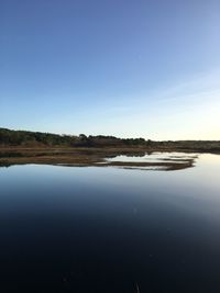 Scenic view of lake against clear blue sky