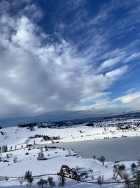 Scenic view of snow covered mountains against sky