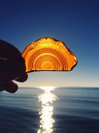 Person holding umbrella by sea against clear sky