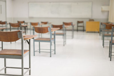 Empty chairs and table in room