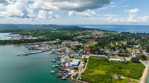 Aerial view of city of kudat is located on the island of borneo in the state of sabah.