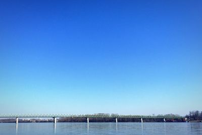 Calm sea against clear blue sky