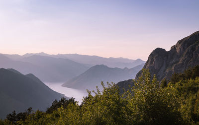 Scenic view of mountains against sky during sunset