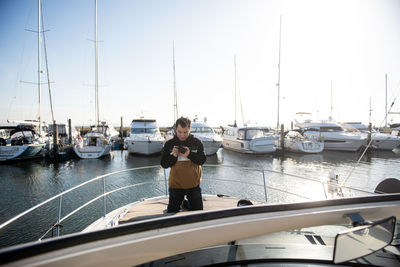 High angle view of man sitting on boat