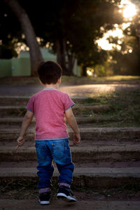 Rear view of boy walking on footpath against trees