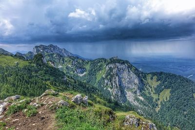 Scenic view of sea and mountains against sky