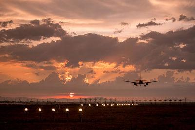 Airplane flying in sky during sunset