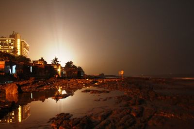 Reflection of buildings in water at sunset