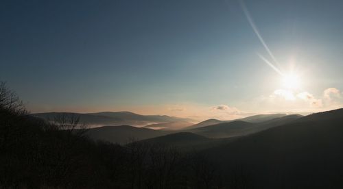 Scenic view of silhouette mountains against sky at sunset