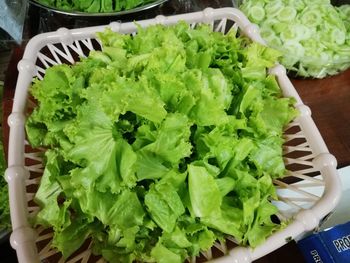 High angle view of chopped vegetables in bowl on table