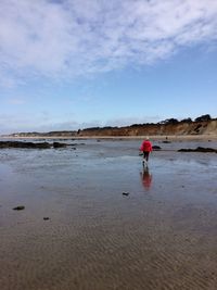 Rear view of person walking on shore against sky