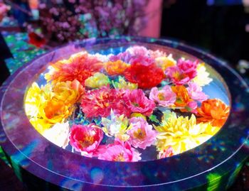 High angle view of various flowers in container