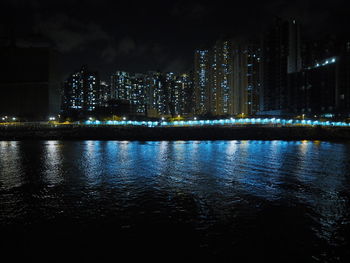 View of city lit up at night