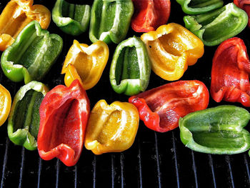 High angle view of vegetables on barbecue grill