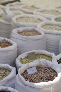 Close up of bags of beans