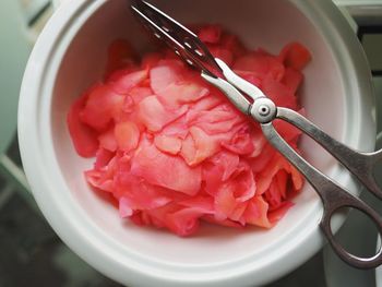 High angle view of chopped tomatoes in bowl