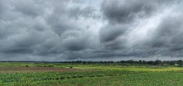 Scenic view of field against cloudy sky