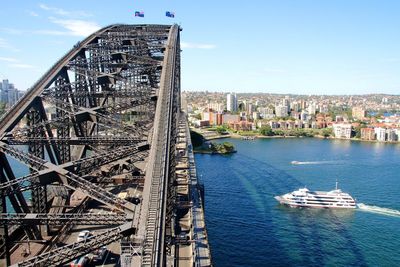 Sydney harbor bridge over river in city during sunny day