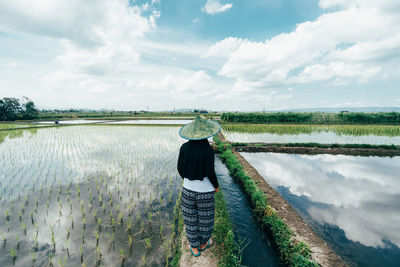 Rear view of woman standing on field against sky